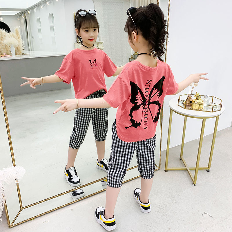 儿童T恤女童套装网红两件装2021新款洋气韩版女孩夏季中童七分裤