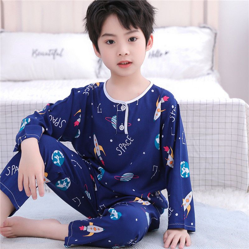 夏季兒童綿綢睡衣套裝薄款男孩女童空調服卡通七分袖中大童家居服