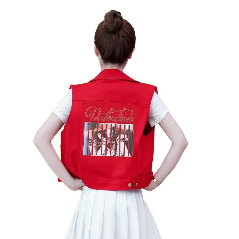 Summer new denim jacket female Korean version color hot diamond printing short small cardigan slim student vest