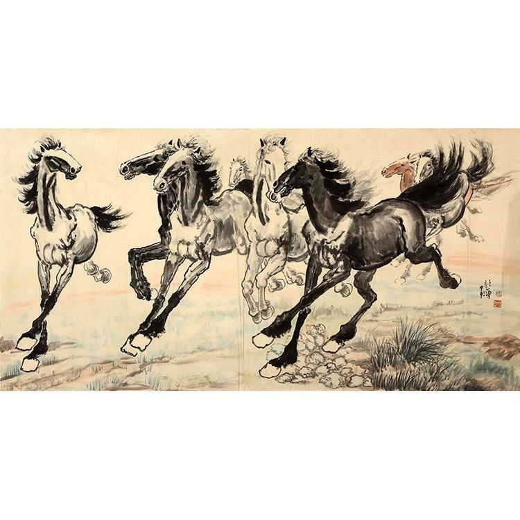 徐悲鸿字画作品手绘四尺横幅走兽国画 八骏图 赠证书商务礼品收藏