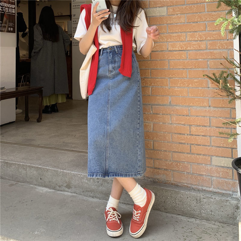 夏季2023新款牛仔半身裙女小個子顯瘦高腰A字長裙設計感開叉裙子