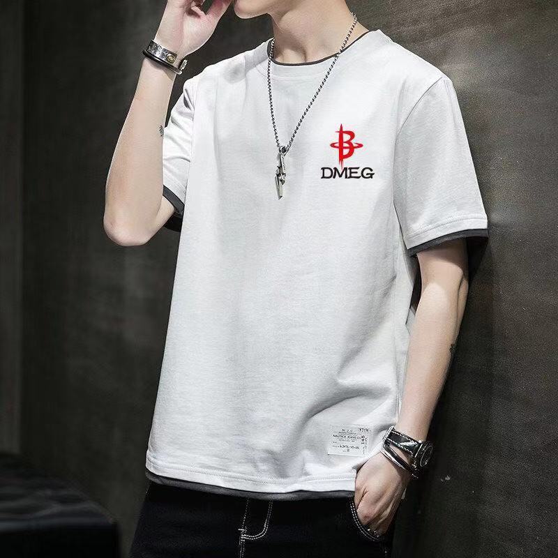 Ins tide brand summer fake two-piece short-sleeved T-shirt men's Korean version loose trend top clothes half-sleeved T-shirt 12 pieces