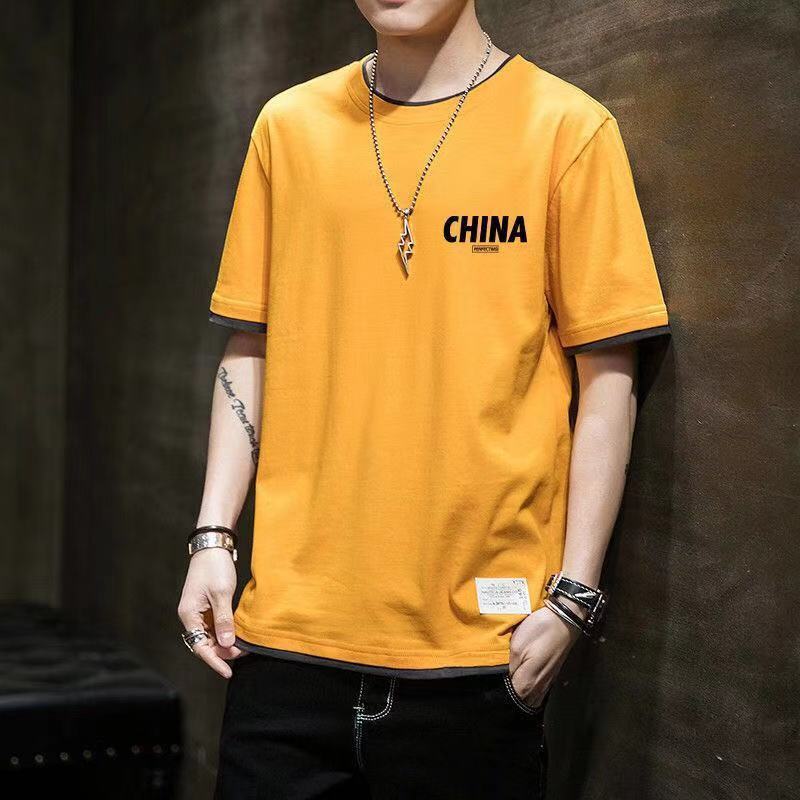 Ins tide brand summer fake two-piece short-sleeved T-shirt men's Korean version loose trend top clothes half-sleeved T-shirt 12 pieces