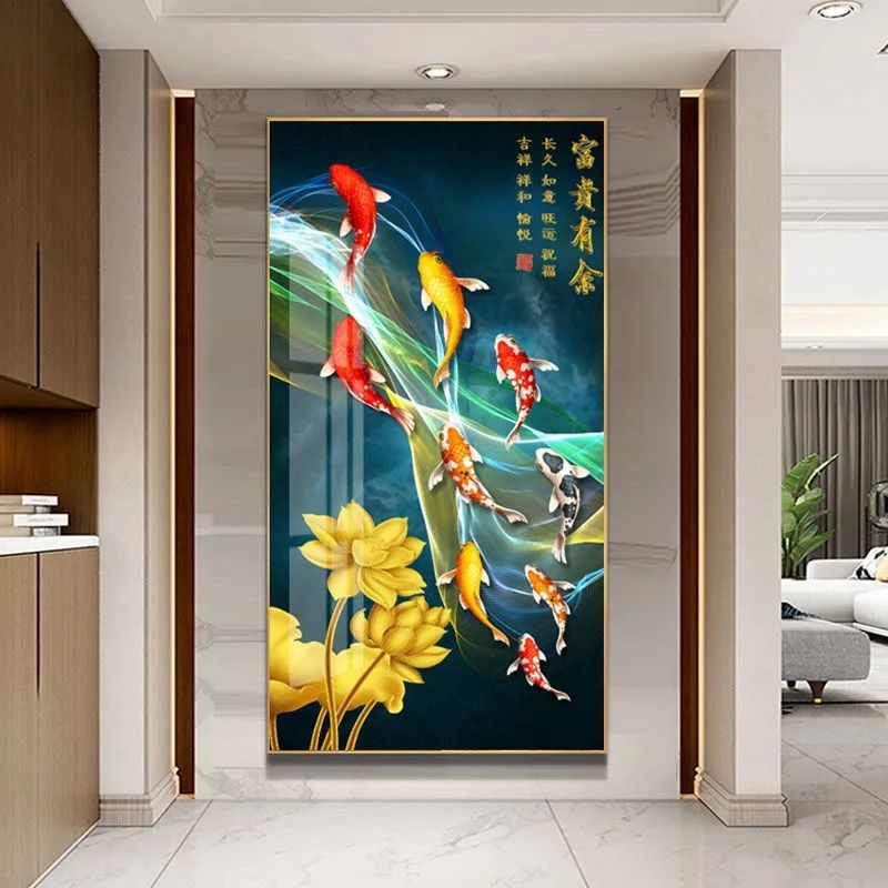 入户玄关晶瓷镶钻装饰画现代简约走廊过道竖版风水九鱼图孔雀挂画