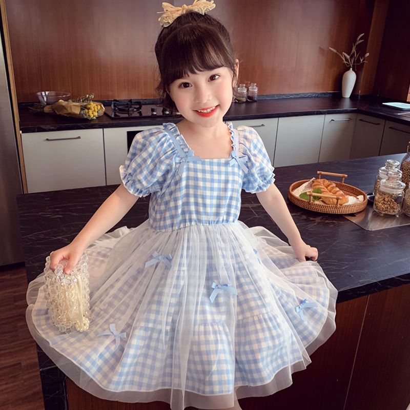 女童连衣裙2023新款儿童韩版洋气格纹网纱小女孩裙子泡泡袖公主裙