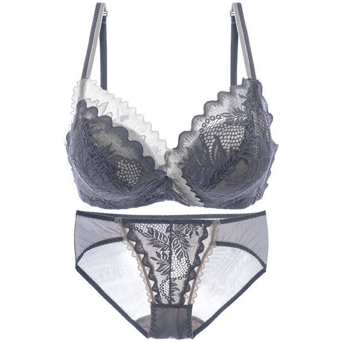 Aishoke French underwear ladies gathered bra set sexy lace without steel ring top thin bottom thick small chest bra