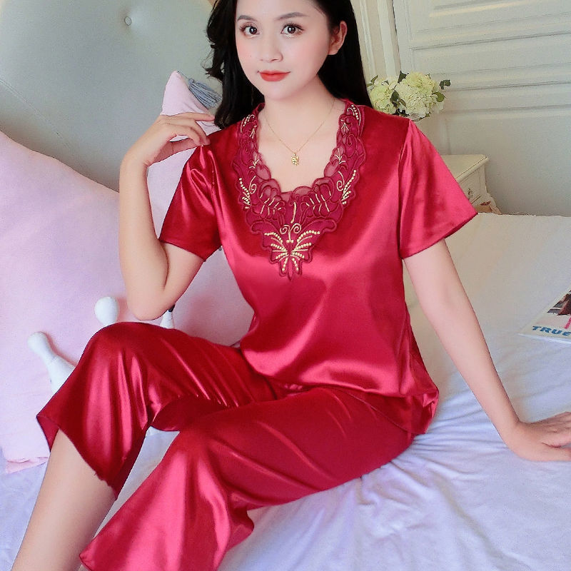 Large size silk pajamas women's summer ice silk home service suit imitation silk short-sleeved cropped pants summer pajamas suit
