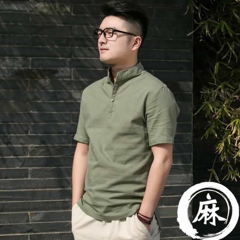 中國風恤男短袖亞麻男裝體恤上衣夏季大碼寬鬆立領復古棉麻上衣
