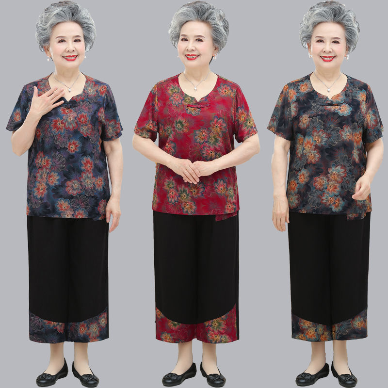 Grandma's summer clothes, cotton silk suits, summer clothes for the elderly, women's clothes, middle-aged and elderly mothers, short-sleeved T-shirts, wide-leg pants