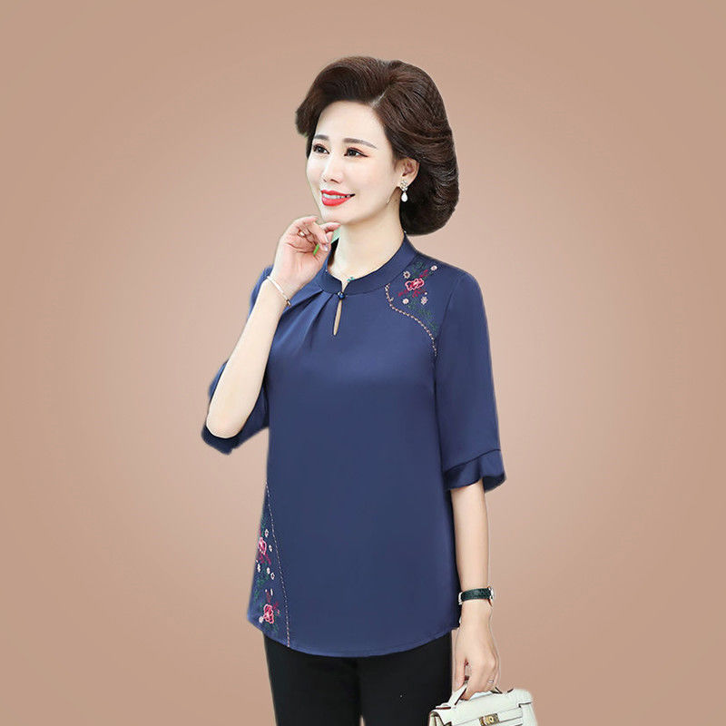 母亲节2021新款妈妈夏装洋气中年女士仿真丝短袖t恤中老年女上衣