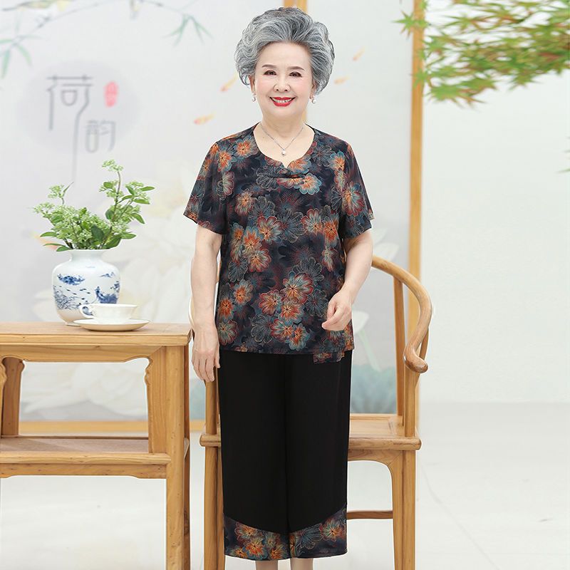 Grandma's summer clothes, cotton silk suits, summer clothes for the elderly, women's clothes, middle-aged and elderly mothers, short-sleeved T-shirts, wide-leg pants
