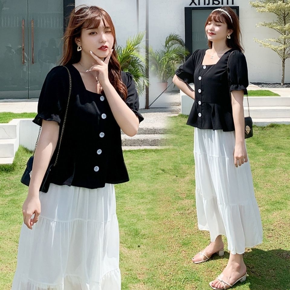 大碼女裝2021夏季新款短袖方領雪紡上衣胖mm寬鬆顯瘦半身裙子套裝