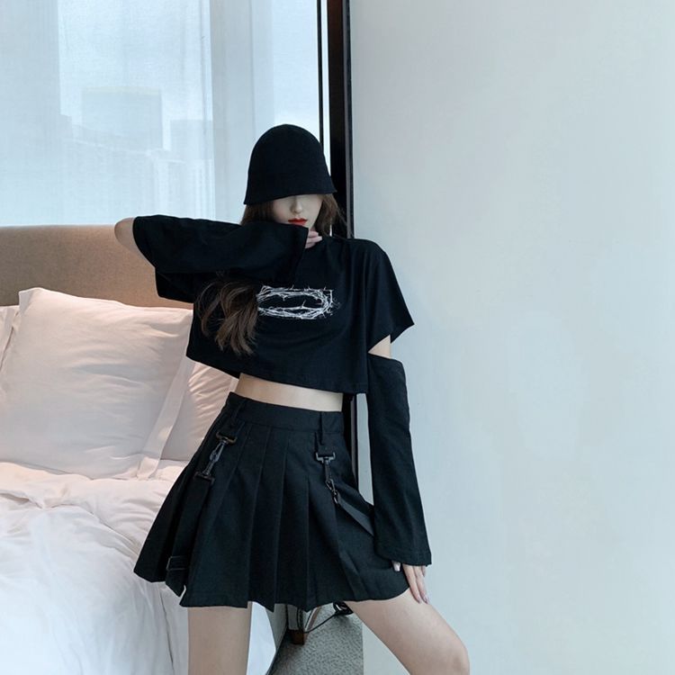 短款露臍暗黑系厭世機能風辣妹上衣女高腰破洞設計感小眾長袖T恤