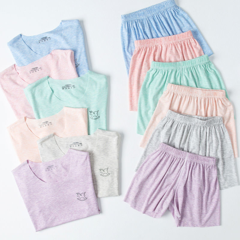 儿童睡衣莫代尔短袖套装中大童男童女童空调服小孩T恤家居服夏季