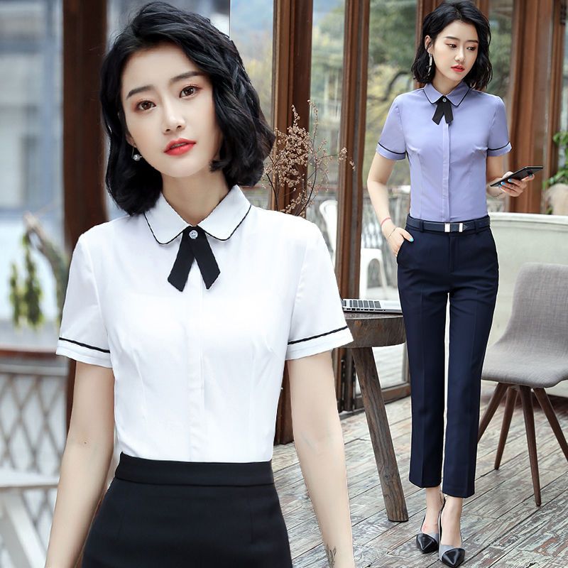 職業套裝女夏短袖娃娃領白襯衫棉質工作服套裙正裝氣質工作裝襯衣