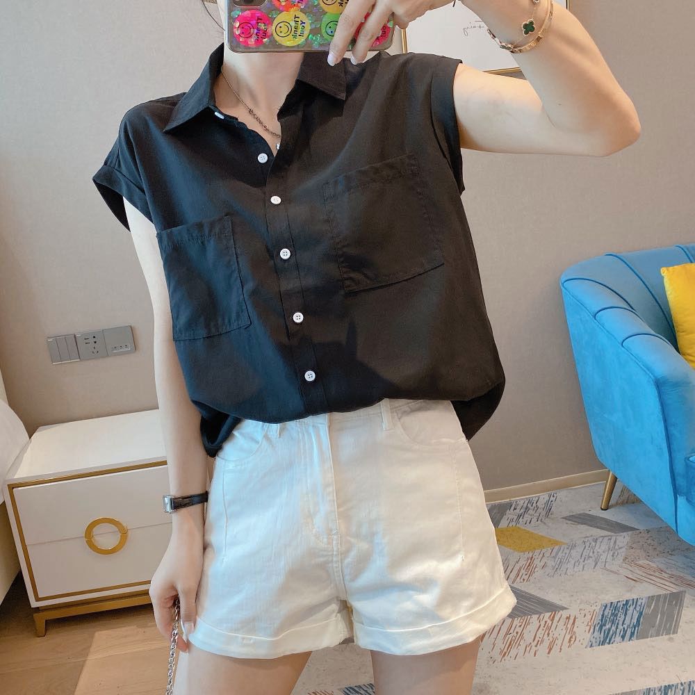 European station 2022 summer new Korean style loose chiffon short-sleeved shirt women's design sense niche lapel shirt