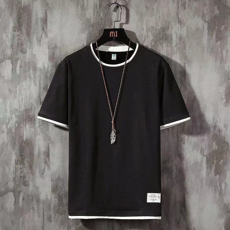 Summer all-match fake two-piece short-sleeved T-shirt male student loose half-sleeved T-shirt Korean version of the trendy round neck top 1/2 piece