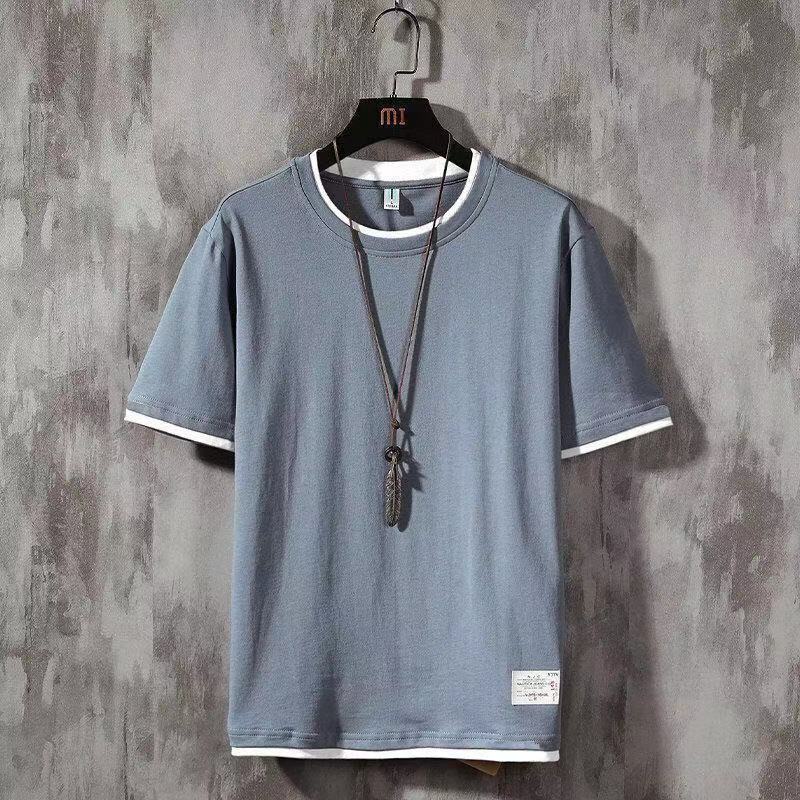 Summer all-match fake two-piece short-sleeved T-shirt male student loose half-sleeved T-shirt Korean version of the trendy round neck top 1/2 piece
