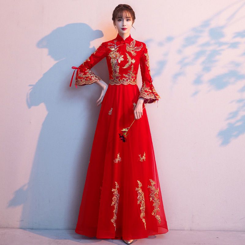敬酒服新娘2022新款春夏季长袖红色婚礼结婚宴会晚礼服女显瘦长款
