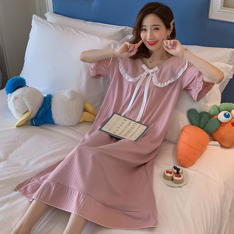 Princess style cotton nightdress women's summer short-sleeved mid-length knee-length sweet doll collar student girl loose home clothes