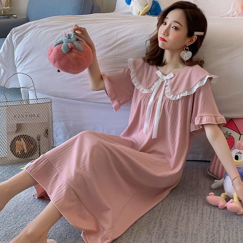 Princess style cotton nightdress women's summer short-sleeved mid-length knee-length sweet doll collar student girl loose home clothes