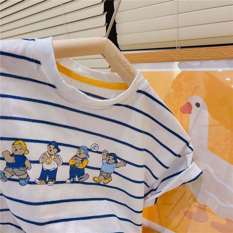 男童短袖t恤夏装2021儿童条纹半袖韩棉上衣夏季中小童卡通体恤衫