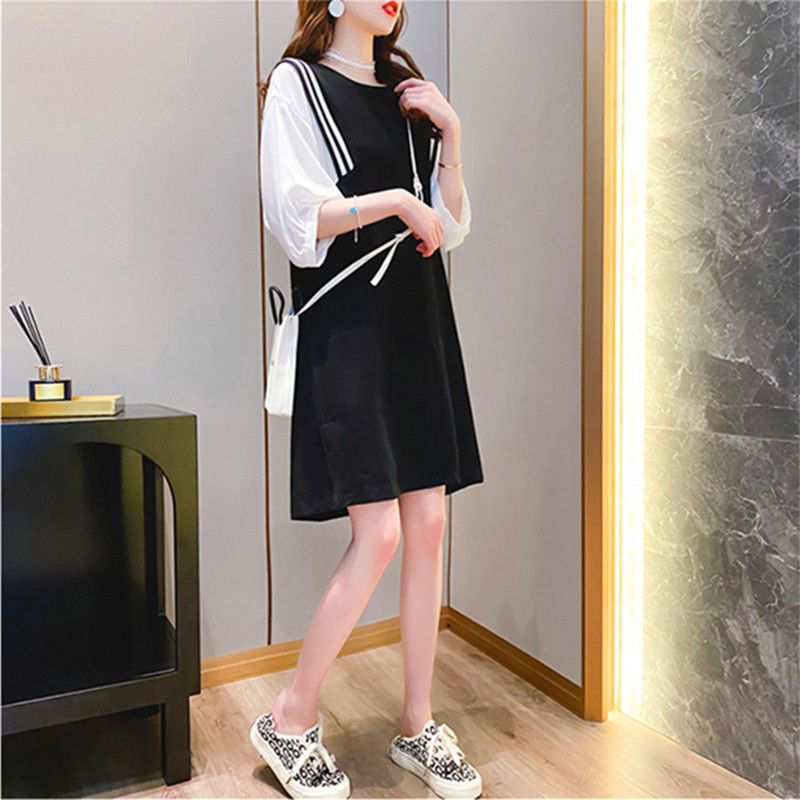 Fat MM extra large size 300 catties pregnant women T-shirt skirt  summer loose Tibetan meat thin fake two-piece splicing dress