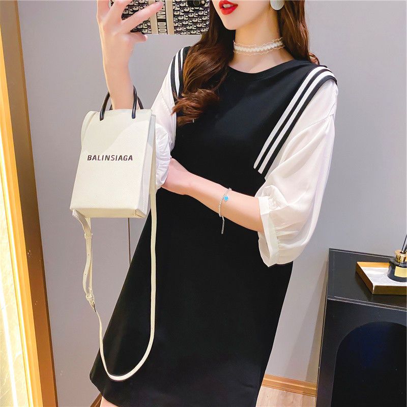 Fat MM extra large size 300 catties pregnant women T-shirt skirt  summer loose Tibetan meat thin fake two-piece splicing dress