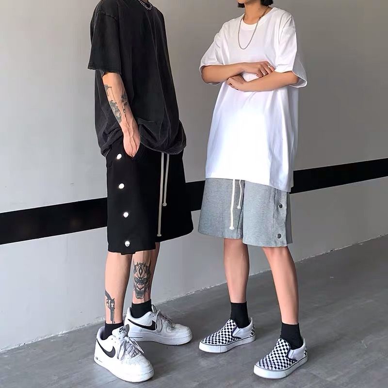 夏季新款ins潮牌嘻哈寬鬆側邊排扣五分褲休閒百搭運動短褲男女潮