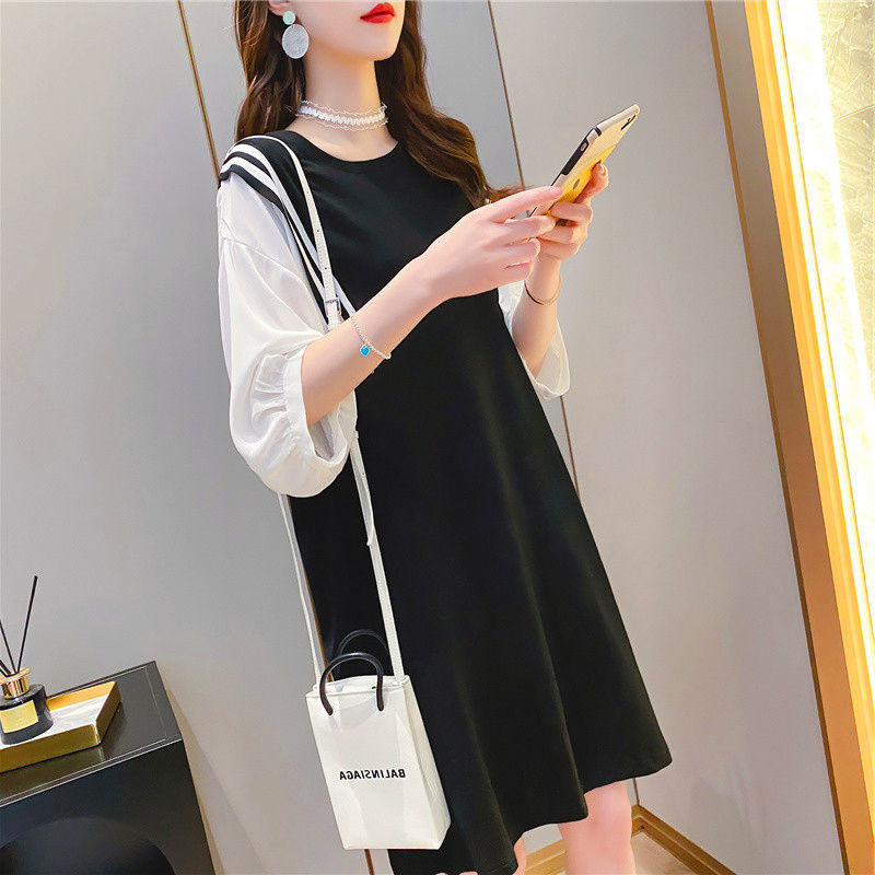 Fat MM extra large size 300 catties pregnant women T-shirt skirt  summer loose Tibetan meat thin fake two-piece splicing dress