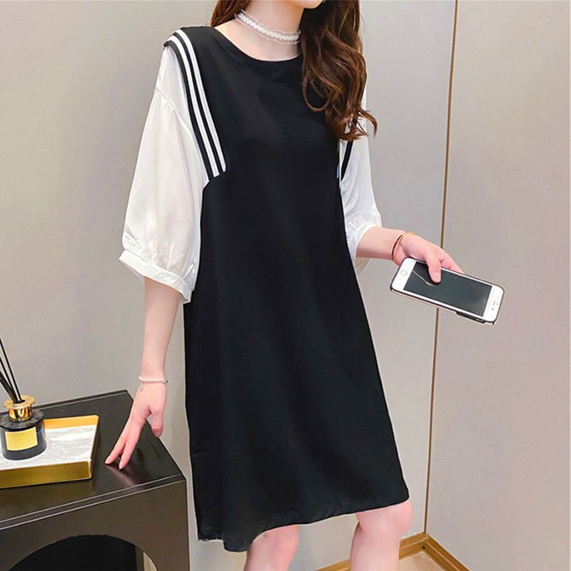 Fat MM extra large size 300 catties pregnant women T-shirt skirt  summer loose Tibetan meat thin fake two-piece splicing dress