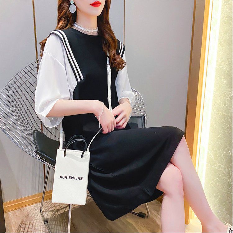 Fat MM extra large size 300 catties pregnant women T-shirt skirt  summer loose Tibetan meat thin fake two-piece splicing dress