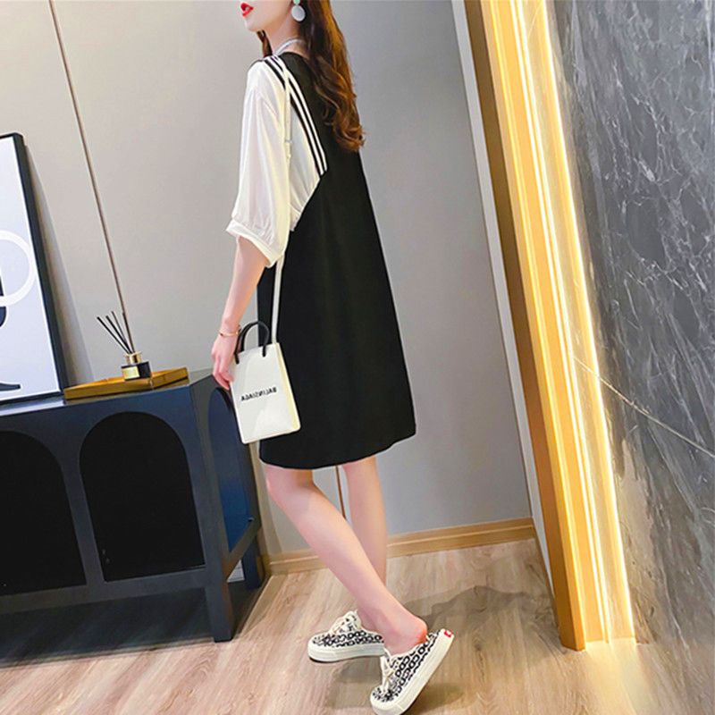 Fat MM extra large size 300 catties pregnant women T-shirt skirt  summer loose Tibetan meat thin fake two-piece splicing dress