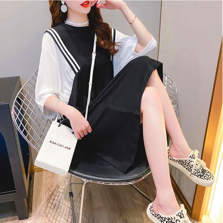 Fat MM extra large size 300 catties pregnant women T-shirt skirt  summer loose Tibetan meat thin fake two-piece splicing dress