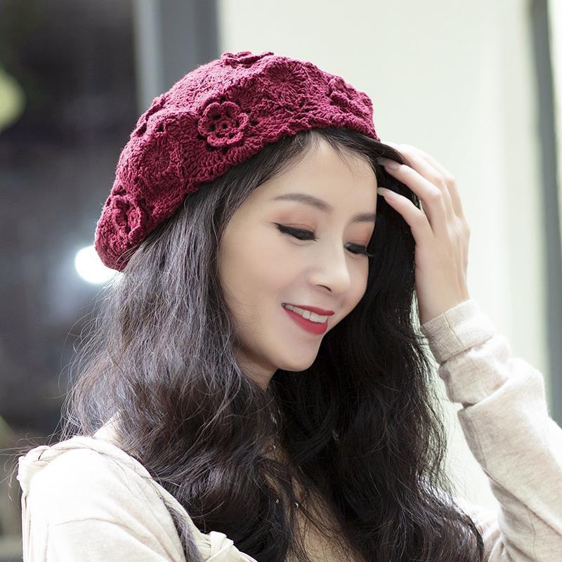 贝雷帽夏季薄款蕾丝镂空针织手工编织八角帽蓓蕾帽女士时髦毛线帽