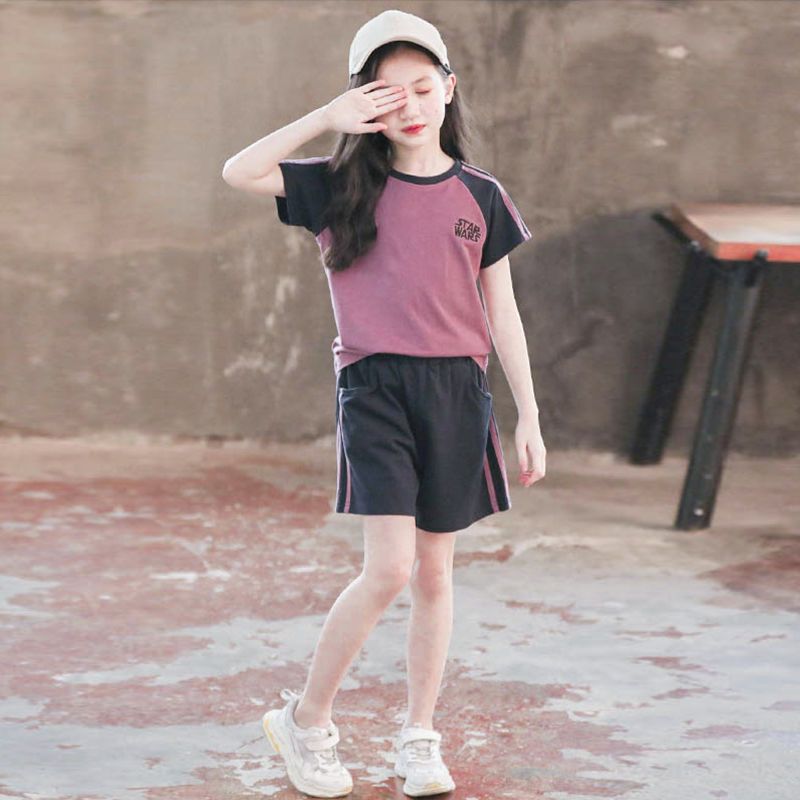 女童套装夏装2023新款中大童女洋气网红短袖13岁女孩运动两件套潮