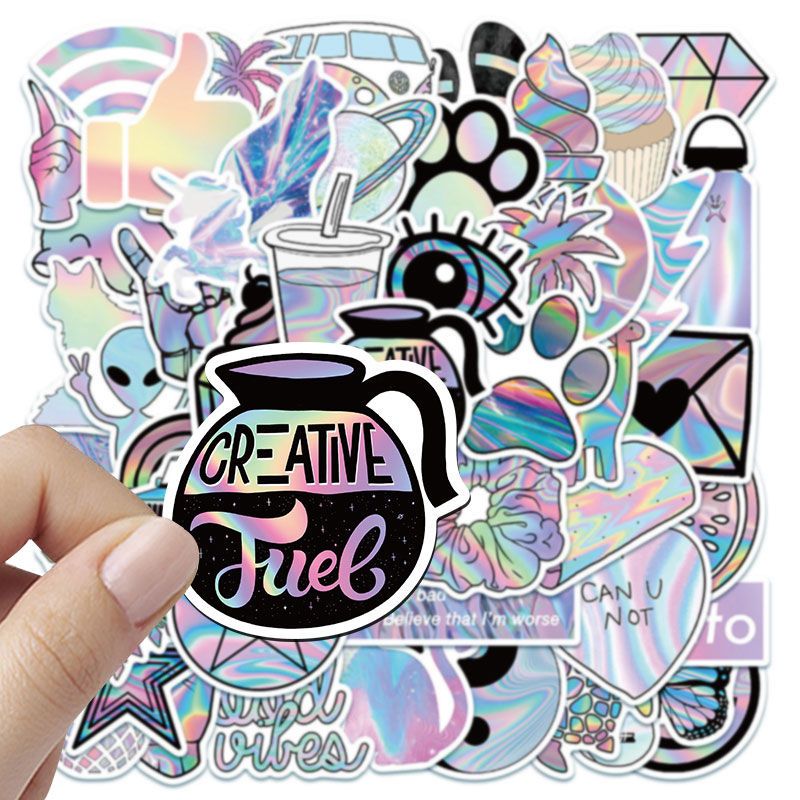 50 pieces of holographic laser pattern stickers waterproof suitcase personalized skateboard trend water cup waterproof removable stickers