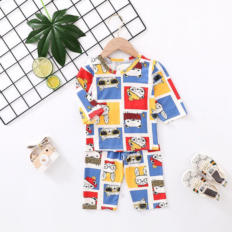 Summer children's cotton home clothes girls short-sleeved shorts suit baby air-conditioning clothes boys pajamas baby clothes