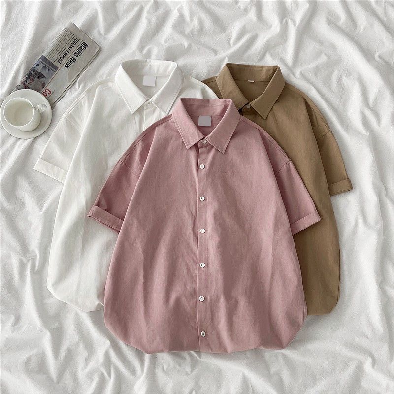 Short-sleeved shirt women's loose Korean version all-match Japanese new top summer solid color outerwear large size 200 catties shirt