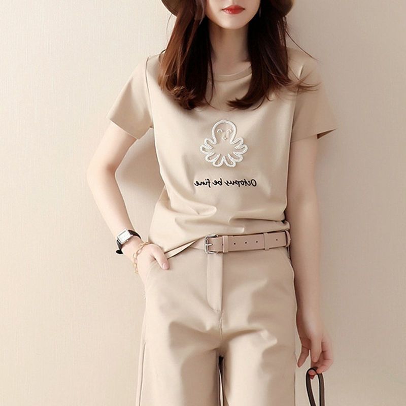 Japanese small fresh ocean wind 2023 summer new beige thin short-sleeved embroidery cotton T-shirt top women
