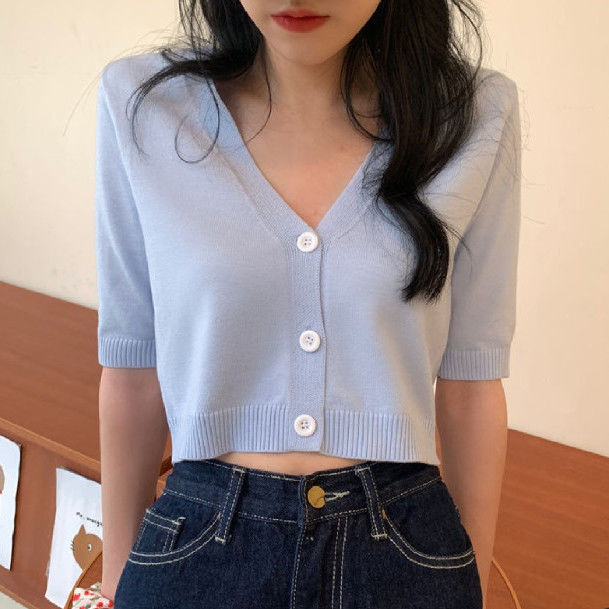 All-match candy color v-neck short t-shirt women's summer thin single-breasted ice silk knit small cardigan navel short-sleeved top