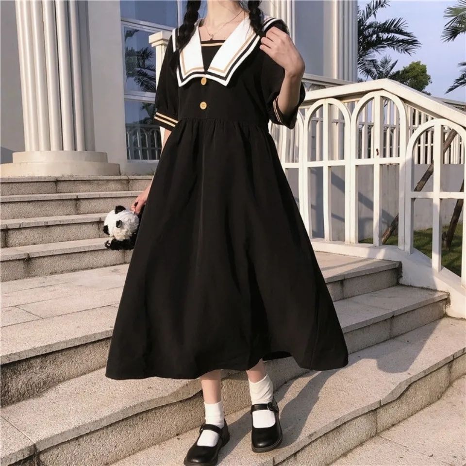 海军风女童连衣裙短袖韩版夏季新款儿童装中小学生学院风裙子