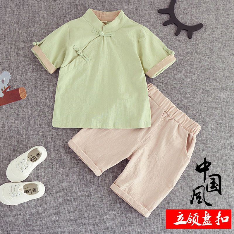 Children's clothing Hanfu summer suit baby girl short-sleeved Tang suit summer antique boy shorts cotton and linen ancient costume Chinese style