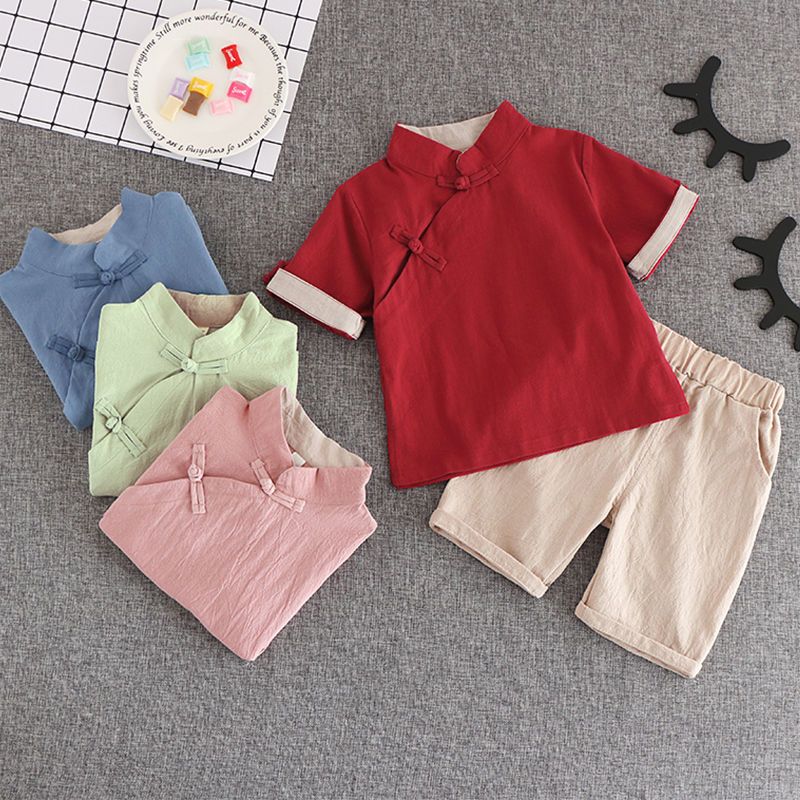 Children's clothing Hanfu summer suit baby girl short-sleeved Tang suit summer antique boy shorts cotton and linen ancient costume Chinese style