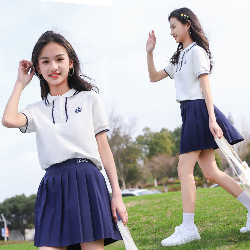 Girls' short-sleeved suit college wind skirt 2022 new children's summer middle and big children two-piece student school uniform summer dress