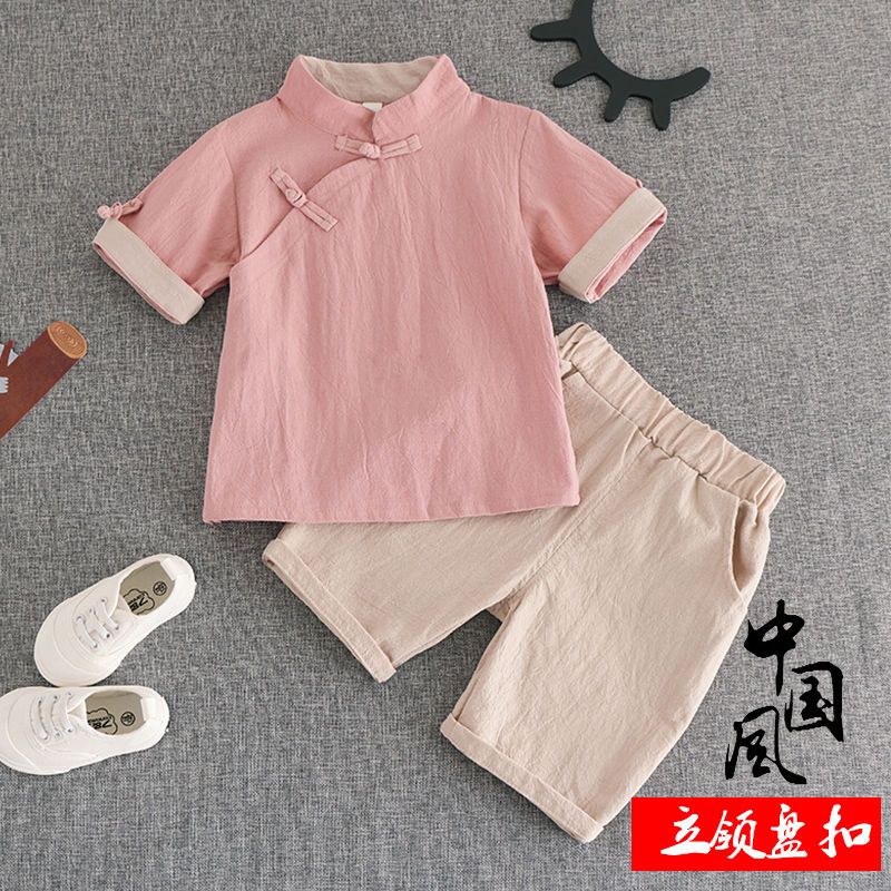 Children's clothing Hanfu summer suit baby girl short-sleeved Tang suit summer antique boy shorts cotton and linen ancient costume Chinese style