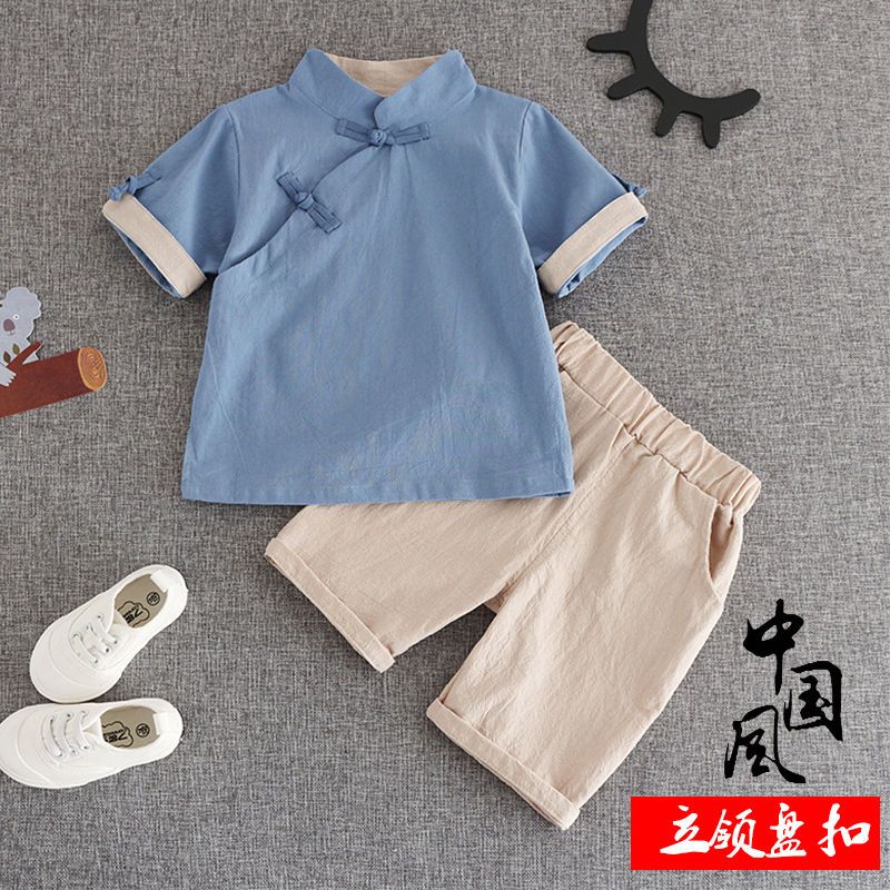 Children's clothing Hanfu summer suit baby girl short-sleeved Tang suit summer antique boy shorts cotton and linen ancient costume Chinese style