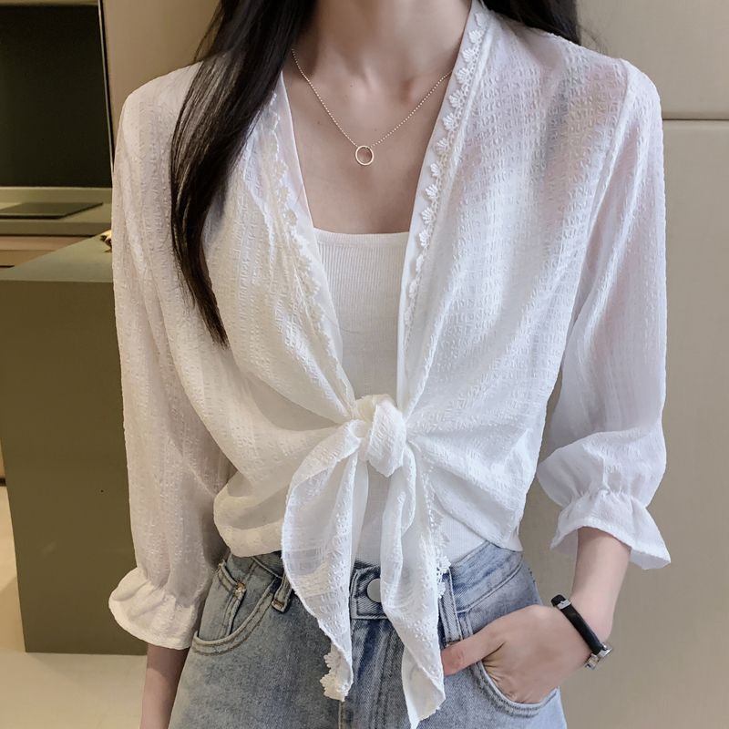 【送吊帶】雪紡上衣女夏季外搭披肩短款防曬衣薄款開衫洋氣小外套