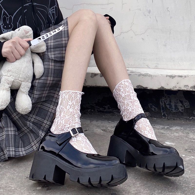 Medium tube socks lace pile socks JK Socks White Black spring summer thin socks Japanese Mary Jane shoes socks