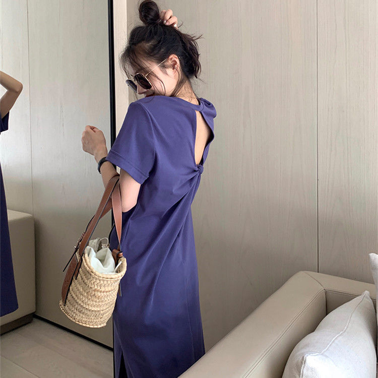 Fat MM extra large size 300 catties backless T-shirt long skirt 2023 summer loose hidden meat slimming knotted knee-length dress